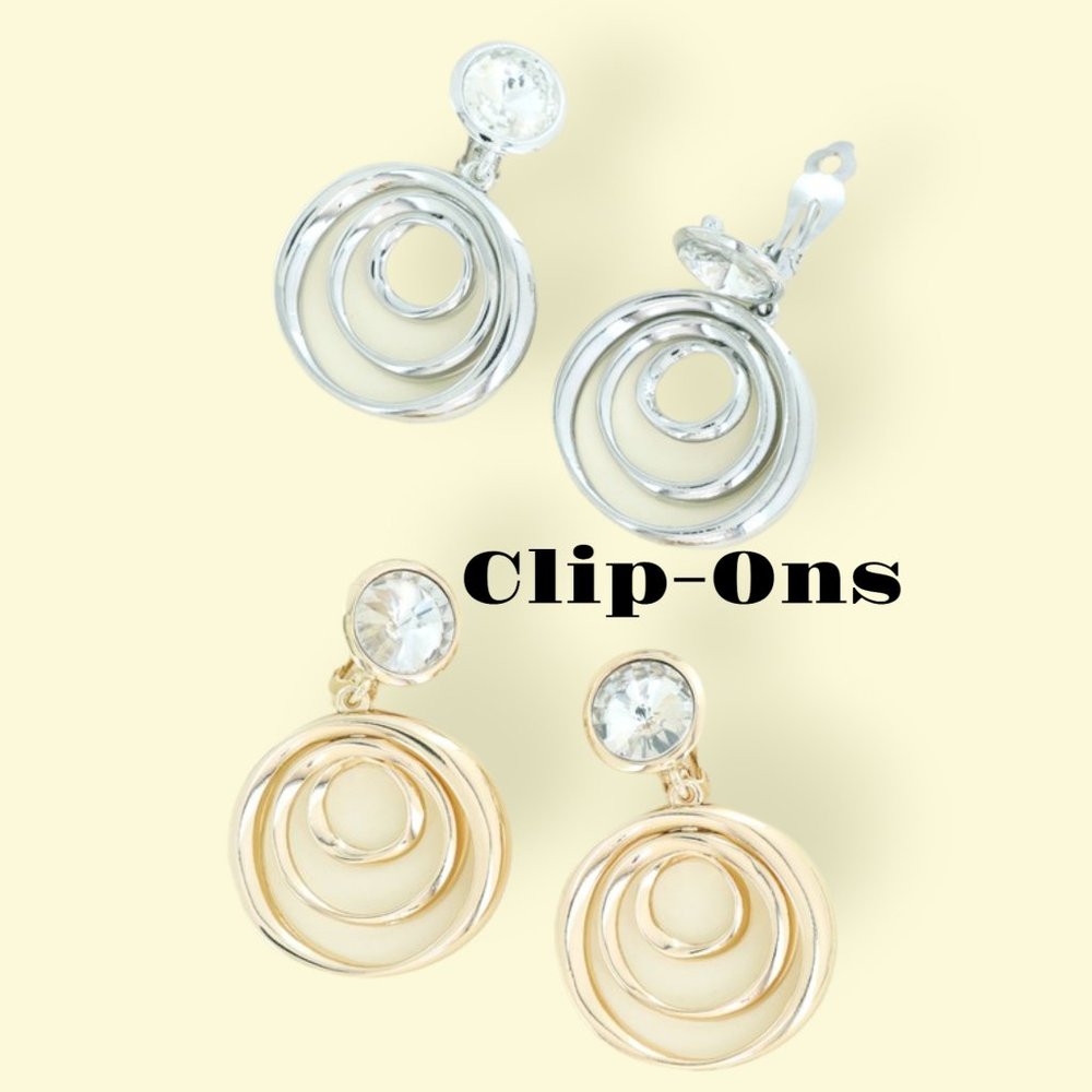 2-Tier Jeweled Multi-Circle Clip-On Statement Earrings in Gold